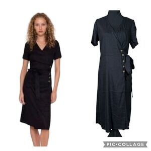 NWT Alp N Rock Thalia Wrap Linen Blend Midi Dress Taupe Black S